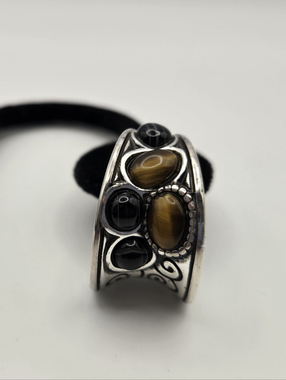 Large Silver-Tone Hoop Earrings Tiger Eye Black Agate Stone Accents Scrollwork